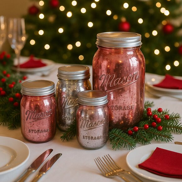 NWT Set of 4 Vintage Mason Jar Limited Edition Mercury Glass Rose Gold With Lids - Picture 3 of 16